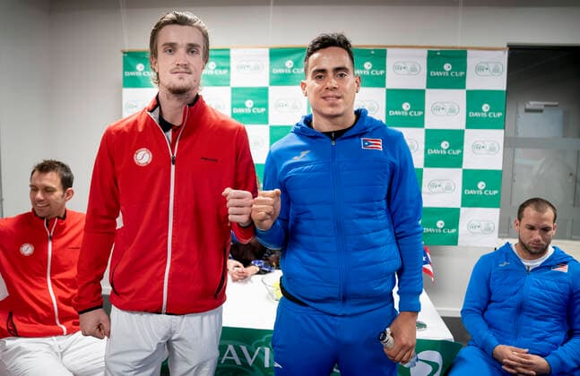 Foerste kamp er mellem Michael Torpegaard og Quinton Vega. Her ved Dansk Tennis Forbund som holder pressemoede og lodtraekning i Holbaek Sportsby torsdag den 5. marts 2020. Danmark moeder Puerto Rico i Davis Cup henholdsvis den 6. og 7. marts.. , Copenhagen Denmark