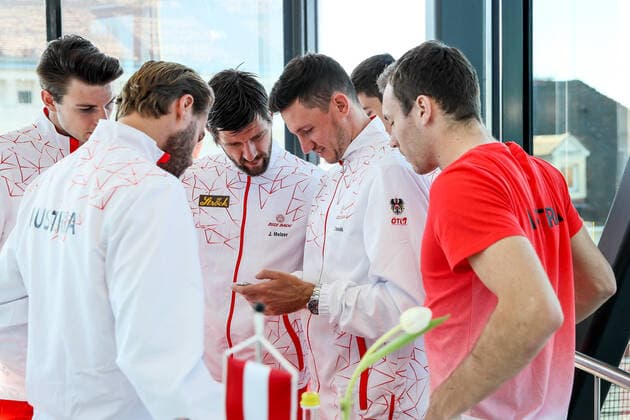 TENNIS - Davis Cup, AUT vs URU GRAZ,AUSTRIA,05.MAR.20 - TENNIS - ITF Davis Cup, Austria vs Uruguay, preview, draw. Image shows Jurij Rodionov (AUT), Oliver Marach (AUT), Juergen Melzer (AUT), Dennis Novak (AUT) and Lucas Miedler (AUT). GEPAxpictures xMaticxKlansek