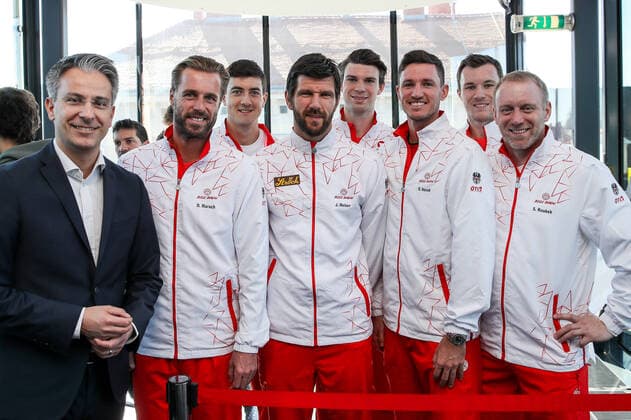TENNIS - Davis Cup, AUT vs URU GRAZ,AUSTRIA,05.MAR.20 - TENNIS - ITF Davis Cup, Austria vs Uruguay, preview, draw. Image shows Kurt Hohensinner, Oliver Marach (AUT), Sebastian Ofner (AUT), Juergen Melzer (AUT), Jurij Rodionov (AUT), Dennis Novak (AUT), Lucas Miedler (AUT) and captain Stefan Koubek (AUT). GEPAxpictures xMaticxKlansek