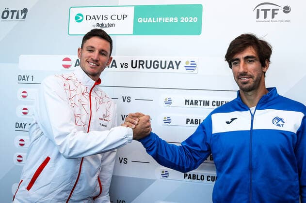 TENNIS - Davis Cup, AUT vs URU GRAZ,AUSTRIA,05.MAR.20 - TENNIS - ITF Davis Cup, Austria vs Uruguay, preview, draw. Image shows Dennis Novak (AUT) and Pablo Cuevas (URU). GEPAxpictures xMaticxKlansek