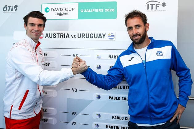 TENNIS - Davis Cup, AUT vs URU GRAZ,AUSTRIA,05.MAR.20 - TENNIS - ITF Davis Cup, Austria vs Uruguay, preview, draw. Image shows Jurij Rodionov (AUT) and Martin Cuevas (URU). GEPAxpictures xMaticxKlansek