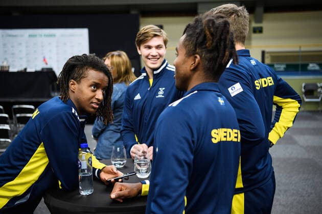 2020305 Mikael Ymer and the rest of Team Sweden ahead of the draw ceremony on March 5, 2020 in Stockholm. Copyright: ERIKxSIMANDER BB200305BB361