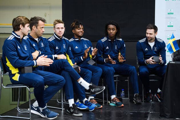 2020305 Carl Soderlund, Robert Lindstedt, Markus Eriksson, Mikael Ymer, Elias Ymer and Captain Robin Soderling of Sweden during the draw ceremony on March 5, 2020 in Stockholm. Copyright: ERIKxSIMANDER BB200305BB370