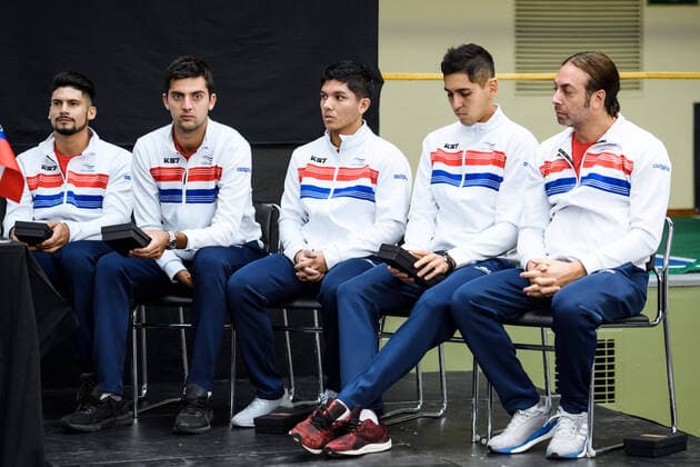 2020305 Bastian Malla, Marcelo Tomas Barrios Vera, Matias Soto, Alejandro Tabilo and Captain Nicolas Massu of Chile ahead of the draw ceremony on March 5, 2020 in Stockholm. Copyright: ERIKxSIMANDER BB200305BB371