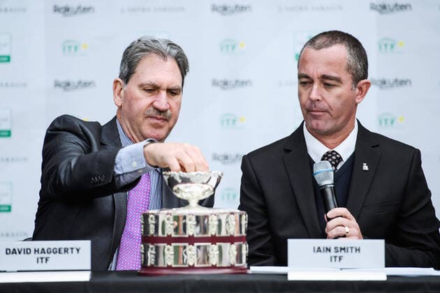 2020305 ITF President David Haggerty and ITF Referee Iain Smith during the draw ceremony on March 5, 2020 in Stockholm. Copyright: ERIKxSIMANDER BB200305BB373