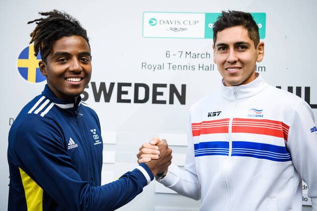 2020305 Elias Ymer of Sweden and Alejandro Tabilo of Chile during the draw ceremony on March 5, 2020 in Stockholm. Copyright: ERIKxSIMANDER BB200305BB376