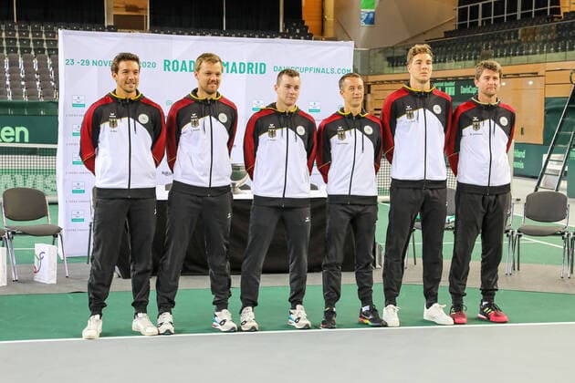 Team Deutschland: Andreas MIES (GER), Kevin KRAWIETZ (GER), Dominik KOEPFER (GER), Philipp KOHLSCHREIBER (GER), Jan-Lennard STRUFF (GER) und Michael KOHLMANN (DTB Davis Cup Kapitän), Auslosung, Davis Cup Qualifikation 2020 - Deutschland vs. Weißrussland, Düsseldorf, 05.03.2020,
