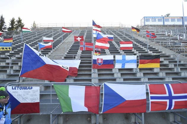 National flags on empty tribune as a part of the Vysocina Arena in Nove Mesto na Morave, South Moravia, Czech Republic, where the World Biathlon Cup will take place from March 5 to March 8, 2020, is seen on March 5, 2020. The cup will be held without the audience present in connection with the novel coronavirus outbreak. (CTKxPhoto JosefxVostarek) CTKPhotoP202003050783501 _JVO5656