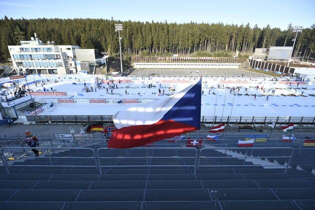 Sport Bilder des Tages Czech national flag on empty tribune as a part of the Vysocina Arena in Nove Mesto na Morave, South Moravia, Czech Republic, where the World Biathlon Cup will take place from March 5 to March 8, 2020, is seen on March 5, 2020. The cup will be held without the audience present in connection with the novel coronavirus outbreak. (CTKxPhoto JosefxVostarek) CTKPhotoP202003050800801 _JVO5663