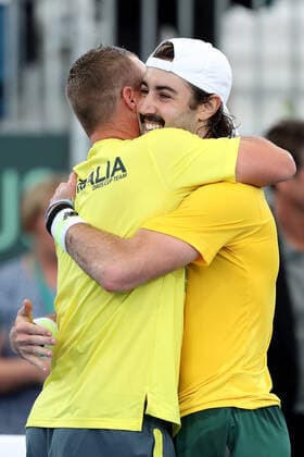 TENNIS DAVID CUP AUS BRAZIL, Lleyton Hewitt and Jordan Thompson of Australia celebrate winning over Thiago Monteiro of Brazil in the Davis Cup Qualifier between Australia and Brazil, at the Memorial Drive Tennis Centre, Adelaide, Friday 6 March 2020. ( NO ARCHIVING, EDITORIAL USE ONLY, NO USE IN BOOKS WITHOUT CONSENT ADELAIDE SA AUSTRALIA  Copyright: xJAMESxELSBYx 20200306001453938924