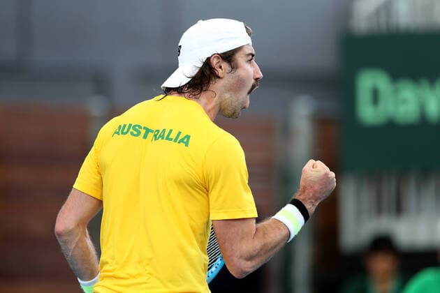 TENNIS DAVID CUP AUS BRAZIL, Jordan Thompson of Australia celebrates winning over Thiago Monteiro of Brazil in the Davis Cup Qualifier between Australia and Brazil, at the Memorial Drive Tennis Centre, Adelaide, Friday 6 March 2020. ( NO ARCHIVING, EDITORIAL USE ONLY, NO USE IN BOOKS WITHOUT CONSENT ADELAIDE SA AUSTRALIA  Copyright: xJAMESxELSBYx 20200306001453938951