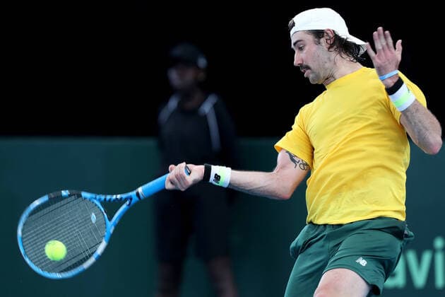 TENNIS DAVID CUP AUS BRAZIL, Jordan Thompson of Australia plays a shot against Thiago Monteiro of Brazil in the Davis Cup Qualifier between Australia and Brazil, at the Memorial Drive Tennis Centre, Adelaide, Friday 6 March 2020. ( NO ARCHIVING, EDITORIAL USE ONLY, NO USE IN BOOKS WITHOUT CONSENT ADELAIDE SA AUSTRALIA  Copyright: xJAMESxELSBYx 20200306001453940823