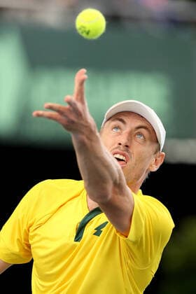 TENNIS DAVID CUP AUS BRAZIL, John Millman of Australia serves against Thiago Seyboth Wild in the Davis Cup Qualifier between Australia and Brazil, at the Memorial Drive Tennis Centre, Adelaide, Friday 6 March 2020. ( NO ARCHIVING, EDITORIAL USE ONLY, NO USE IN BOOKS WITHOUT CONSENT ADELAIDE SA AUSTRALIA  Copyright: xJAMESxELSBYx 20200306001453948387