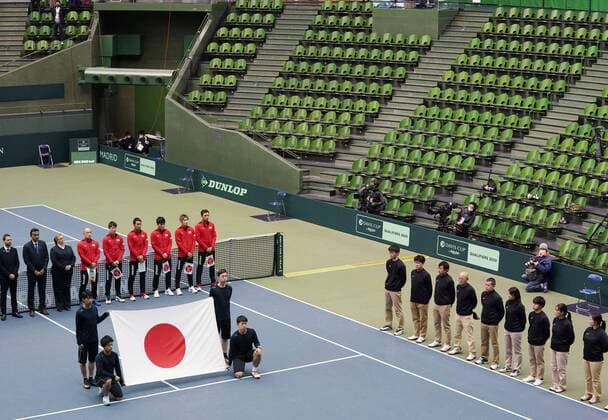 Tennis: Davis Cup qualifiers The opening ceremony of a Davis Cup qualifier between Japan and Ecuador is held without spectators in Miki, Hyogo Prefecture, western Japan, on March 6, 2020. 