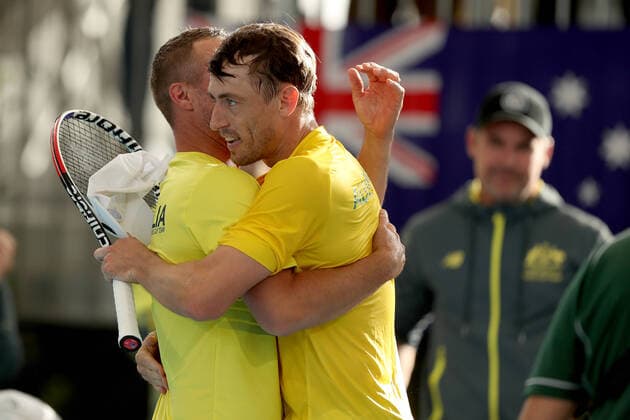 TENNIS DAVID CUP AUS BRAZIL, Lleyton Hewitt celebrates John Millman of Australia win over Thiago Seyboth Wild of Brazil in the Davis Cup Qualifier between Australia and Brazil, at the Memorial Drive Tennis Centre, Adelaide, Friday 6 March 2020. ( NO ARCHIVING, EDITORIAL USE ONLY, NO USE IN BOOKS WITHOUT CONSENT ADELAIDE SA AUSTRALIA  Copyright: xJAMESxELSBYx 20200306001453968765