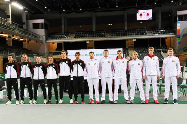 06.03.2020, GER, Davis Cup, Deutschland vs Weißrussland 06.03.2020, GER, Davis Cup, Deutschland vs Weißrussland , CASTELLO , Duesseldorf, im Bild picture shows Deutsches Team (li.) Weißrussisches Team (re.)