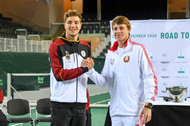 06.03.2020, GER, Davis Cup, Deutschland vs Weißrussland 06.03.2020, GER, Davis Cup, Deutschland vs Weißrussland , CASTELLO , Duesseldorf, im Bild picture shows 1. Spielpaarung v.l. Jan-Lennard Struff GER vs Ilya Ivashka BLR
