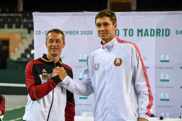 06.03.2020, GER, Davis Cup, Deutschland vs Weißrussland 06.03.2020, GER, Davis Cup, Deutschland vs Weißrussland , CASTELLO , Duesseldorf, im Bild picture shows 2. Spielpaarung v.l. Philipp Kohlschreiber GER vs Egor Gerasimov BLR