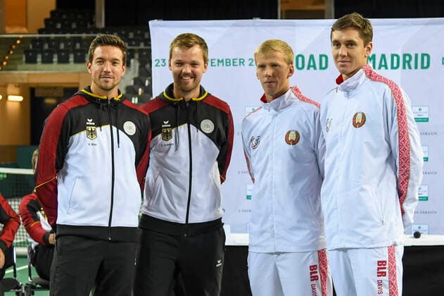06.03.2020, GER, Davis Cup, Deutschland vs Weißrussland 06.03.2020, GER, Davis Cup, Deutschland vs Weißrussland , CASTELLO , Duesseldorf, im Bild picture shows Doppelpaarung v.l. Andreas Mies GER, Kevin Krawietz GER, Andrei Vasilevski BLR, Egor Gerasimov BLR