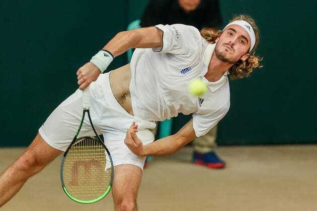 (200306) -- MANILA, March 6, 2020 -- Stefanos Tsitsipas of Greece serves during the singles match against Alberto Lim of the Philippines at Davis Cup World Group II play-off round between the Philippines and Greece in Manila, the Philippines on March 6, 2020. ) (SP)PHILIPPINES-MANILA-TENNIS-DAVIS CUP-GREECE VS PHILIPPINES ROUELLExUMALI 