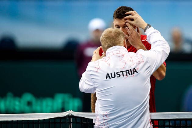 TENNIS - Davis Cup, AUT vs URU PREMSTAETTEN,AUSTRIA,06.MAR.20 - TENNIS - ITF Davis Cup, Austria vs Uruguay. Image shows Dennis Novak (AUT) and captain Stefan Koubek (AUT). GEPAxpictures xMaticxKlansek