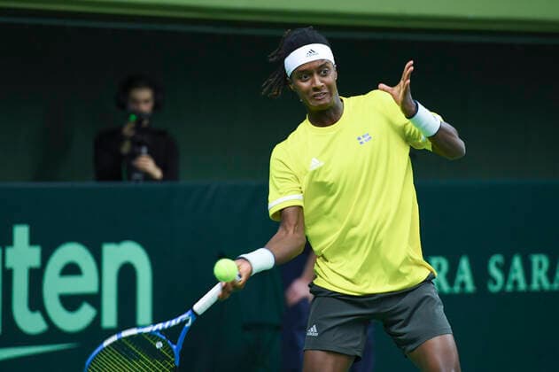 STOCKHOLM 20200306 Sweden s Mikael Ymer return to Chile s Marcelo Tomas Barrios Vera during qualifying game for the Davis Cup playoff between Sweden and Chile in the Royal Tennis Hall in Stockholm on March 6, 2020. Photo Erik Simander TT kod 11720 Stockholm Sweden x11720x