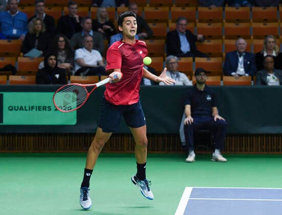 STOCKHOLM 20200306 Chile s Marcelo Tomas Barrios Vera returns to Sweden s Mikael Ymer during qualifying game for the Davis Cup playoff between Sweden and Chile in the Royal Tennis Hall in Stockholm on March 6, 2020. Photo Erik Simander TT kod 11720 Stockholm Sweden x11720x