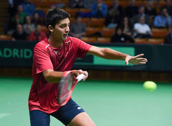 STOCKHOLM 20200306 Chile s Marcelo Tomas Barrios Vera returns to Sweden s Mikael Ymer during qualifying game for the Davis Cup playoff between Sweden and Chile in the Royal Tennis Hall in Stockholm on March 6, 2020. Photo Erik Simander TT kod 11720 Stockholm Sweden x11720x