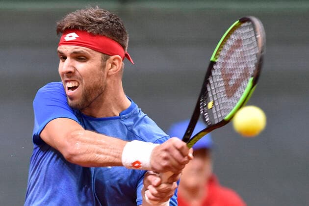 Czech Davis Cup team player Jiri Vesely in action during the Davis Cup qualifier Czech Republic vs. Slovakia in Bratislava, Slovakia, March 6, 2020. (CTKxPhoto VaclavxSalek) CTKPhotoP202003060763601 _SAL8326