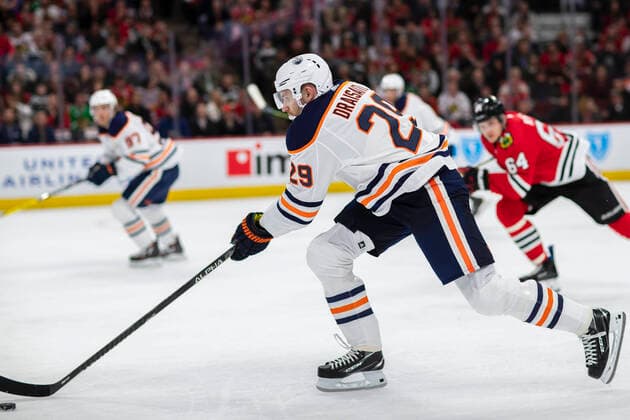 March 05, 2020: Chicago, Illinois, U.S. - Oilers 29 Leon Draisaitl in action during the National Hockey League game between the Chicago Blackhawks and the Edmonton Oilers at the United Center in Chicago, IL. Photographer: Chicago United States of America - ZUMAc04_ 20200305_zaf_c04_382 Copyright: xMikexWulfx