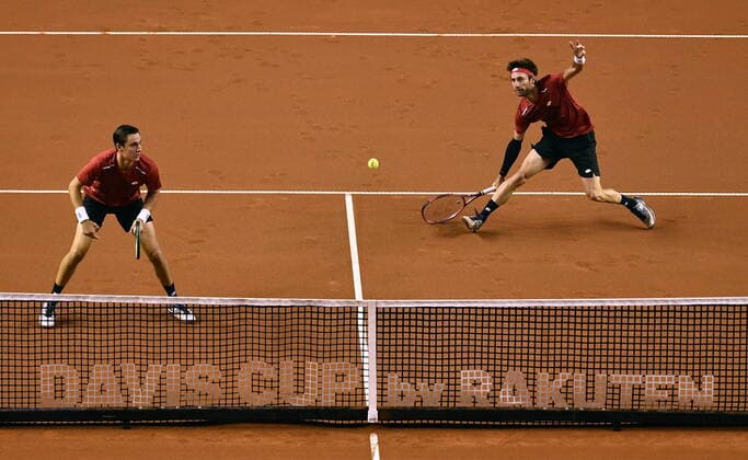 Belgian Joran Vliegen and Belgian Sander Gille pictured in action during a tennis double match between Hungarian Balazs Fucsovics and Belgian Gille Vliegen, the third rubber of the first round qualifiers in the Davis Cup World Group between Belgium and Hungary, Saturday 07 March 2020, in Debrecene, Hungary. ERICxLALMAND  x2485643x