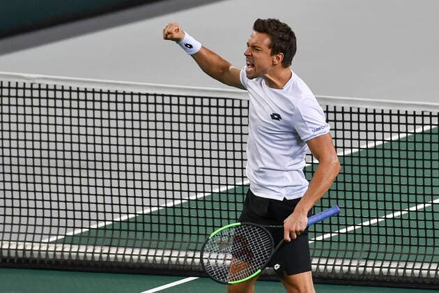 07.03.2020, GER, Davis Cup, Deutschland vs Weißrussland 07.03.2020, GER, Davis Cup, Deutschland vs Weißrussland , CASTELLO Düsseldorf, Duesseldorf im Bild picture shows Andreas Mies (GER) Jubel Freude Emotion zeigt die Faust