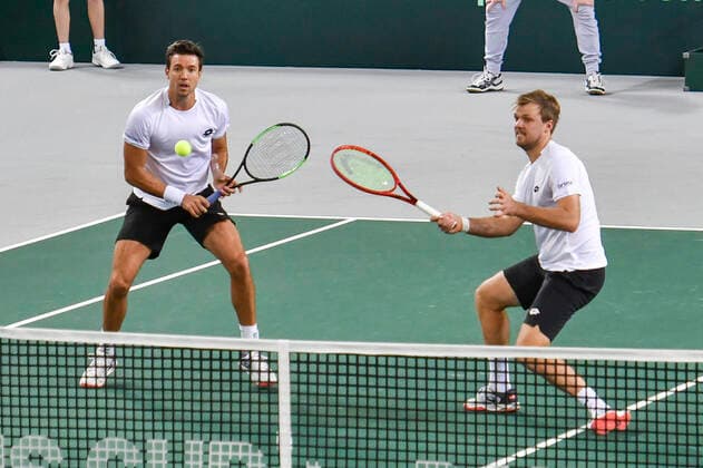 07.03.2020, GER, Davis Cup, Deutschland vs Weißrussland 07.03.2020, GER, Davis Cup, Deutschland vs Weißrussland , CASTELLO Düsseldorf, Duesseldorf im Bild picture shows Andreas Mies (GER) Kevin Krawietz (GER) am Netz