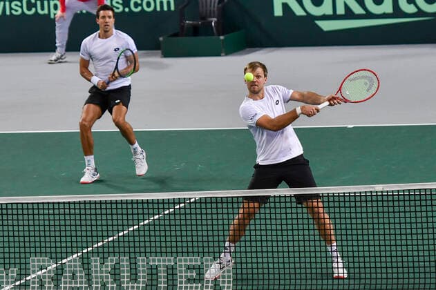 07.03.2020, GER, Davis Cup, Deutschland vs Weißrussland 07.03.2020, GER, Davis Cup, Deutschland vs Weißrussland , CASTELLO Düsseldorf, Duesseldorf im Bild picture shows Andreas Mies (GER) Kevin Krawietz (GER)