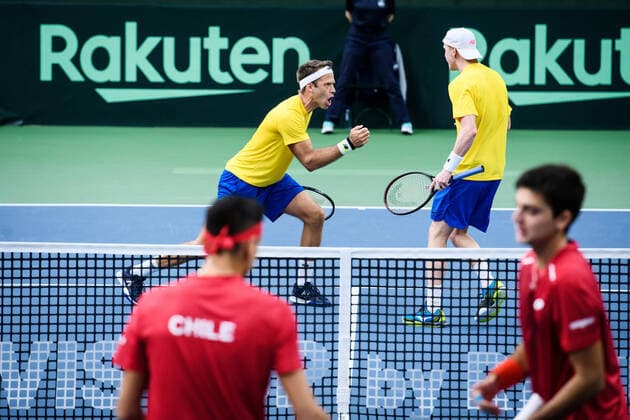 2020307 Robert Lindstedt and Markus Eriksson of Sweden celebrate during a Davis Cup qualification tennis match between Sweden and Chile on March 7, 2020 in Stockholm. Copyright: ERIKxSIMANDER BB200307BB276