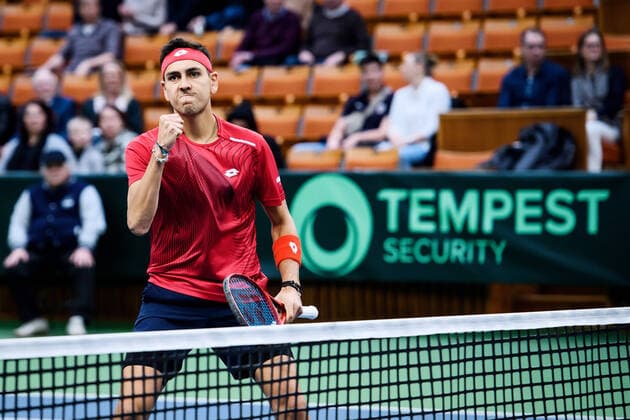 2020307 Alejandro Tabilo of Chile celebrate during a Davis Cup qualification tennis match between Sweden and Chile on March 7, 2020 in Stockholm. Copyright: ERIKxSIMANDER BB200307BB278