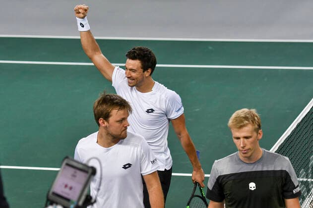 07.03.2020, GER, Davis Cup, Deutschland vs Weißrussland 07.03.2020, GER, Davis Cup, Deutschland vs Weißrussland , CASTELLO Düsseldorf, Duesseldorf im Bild picture shows Kevin Krawietz (GER) Andreas Mies (GER) Jubel Freude Emotion Nach dem Sieg