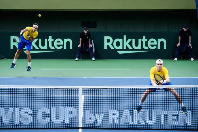 2020307 Robert Lindstedt and Markus Eriksson of Sweden during a Davis Cup qualification tennis match between Sweden and Chile on March 7, 2020 in Stockholm. Copyright: ERIKxSIMANDER BB200307BB301