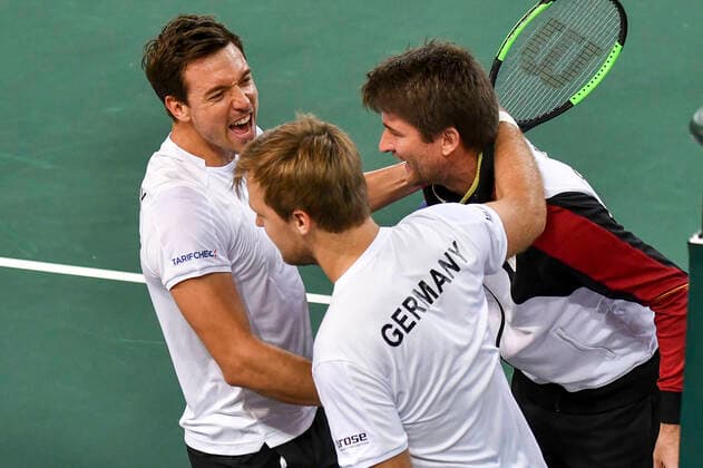 07.03.2020, GER, Davis Cup, Deutschland vs Weißrussland 07.03.2020, GER, Davis Cup, Deutschland vs Weißrussland , CASTELLO Düsseldorf, Duesseldorf im Bild picture shows Kevin Krawietz (GER) Andreas Mies (GER) Jubel Freude Emotion Nach dem Sieg mit Michael Kohlmann (GER)