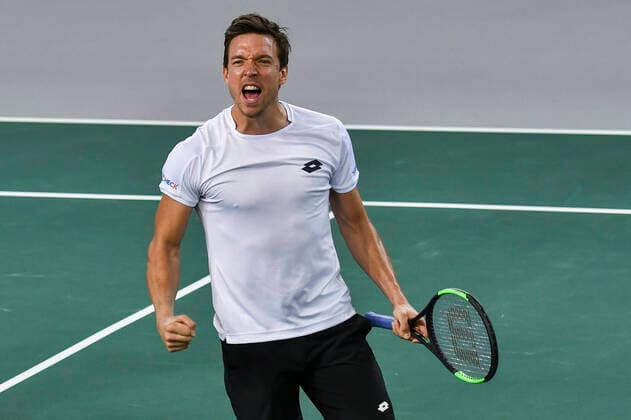 07.03.2020, GER, Davis Cup, Deutschland vs Weißrussland 07.03.2020, GER, Davis Cup, Deutschland vs Weißrussland , CASTELLO Düsseldorf, Duesseldorf im Bild picture shows Andreas Mies (GER) Jubel Freude Emotion nach dem Sieg