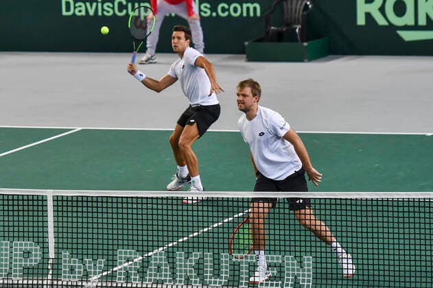 07.03.2020, GER, Davis Cup, Deutschland vs Weißrussland 07.03.2020, GER, Davis Cup, Deutschland vs Weißrussland , CASTELLO Düsseldorf, Duesseldorf im Bild picture shows Kevin Krawietz (GER) Andreas Mies (GER)