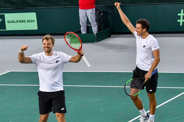 07.03.2020, GER, Davis Cup, Deutschland vs Weißrussland 07.03.2020, GER, Davis Cup, Deutschland vs Weißrussland , CASTELLO Düsseldorf, Duesseldorf im Bild picture shows Kevin Krawietz (GER) Andreas Mies (GER) Jubel Freude Emotion Nach dem Sieg