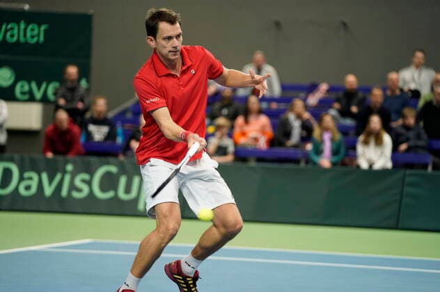 Frederik Loechte Nielsen i kampen mod Ignacio Garcia. Danmark moeder Puerto Rico i Davis Cup i Holbaek Sportsby, loerdag den 7. marts 2020. , Holbaek Denmark Copyright: ClausxBechx cop103 spdk20200307-140247-L