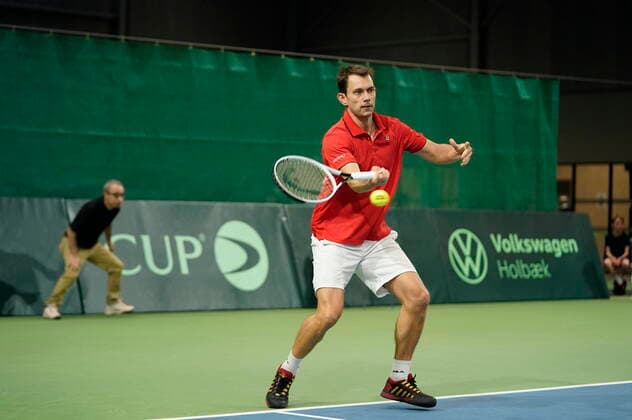 Frederik Loechte Nielsen i kampen mod Ignacio Garcia. Danmark moeder Puerto Rico i Davis Cup i Holbaek Sportsby, loerdag den 7. marts 2020. , Holbaek Copyright: ClausxBechx cop103 spdk20200307-142301-L