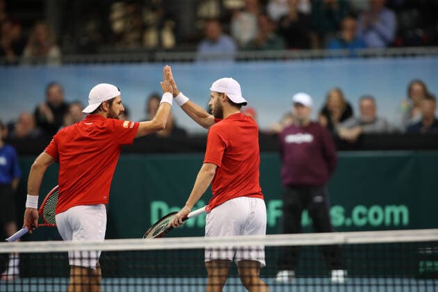 TENNIS - Davis Cup, AUT vs URU PREMSTAETTEN,AUSTRIA,07.MAR.20 - TENNIS - ITF Davis Cup, Austria vs Uruguay. Image shows the rejoicing of Juergen Melzer an Oliver Marach (AUT). GEPAxpictures xMaticxKlansek