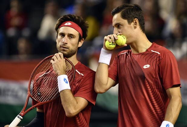 Belgian Sander Gille and Belgian Joran Vliegen react during a tennis double match between Hungarian Balazs Fucsovics and Belgian Gille Vliegen, the third rubber of the first round qualifiers in the Davis Cup World Group between Belgium and Hungary, Saturday 07 March 2020, in Debrecene, Hungary. ERICxLALMAND  x2485657x