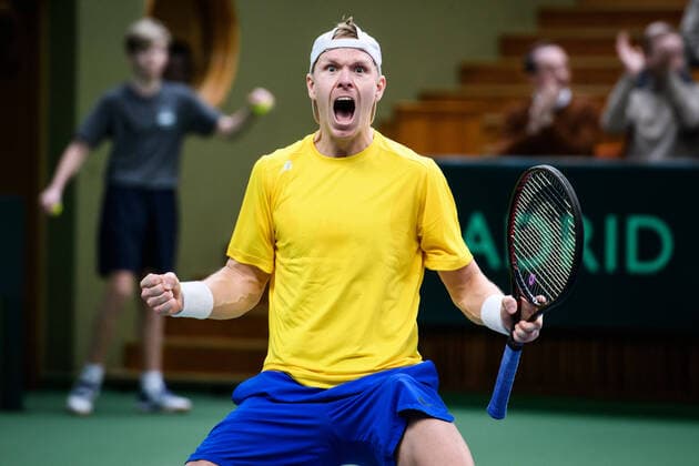 200307 Markus Eriksson of Sweden celebrate during a Davis Cup qualification tennis match between Sweden and Chile on March 7, 2020 in Stockholm. Copyright: ERIKxSIMANDER BB200307BB487