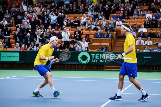 200307 Markus Eriksson and Robert Lindstedt of Sweden celebrate during a Davis Cup qualification tennis match between Sweden and Chile on March 7, 2020 in Stockholm. Copyright: ERIKxSIMANDER BB200307BB489