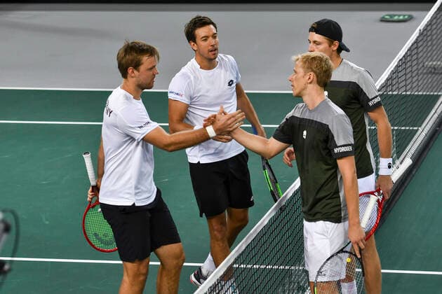 07.03.2020, GER, Davis Cup, Deutschland vs Weißrussland 07.03.2020, GER, Davis Cup, Deutschland vs Weißrussland , CASTELLO Düsseldorf, Duesseldorf im Bild picture shows Kevin Krawietz (GER) Andreas Mies (GER) Andrei Vasilevski (BLR) Ilya Ivashka (BLR)