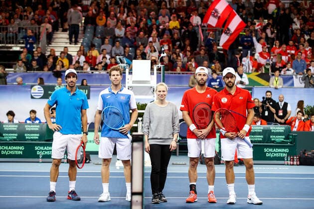 TENNIS - Davis Cup, AUT vs URU PREMSTAETTEN,AUSTRIA,07.MAR.20 - TENNIS - ITF Davis Cup, Austria vs Uruguay. Image shows Pablo Cuevas (URU), Ariel Behar (URU), Oliver Marach (AUT) and Juergen Melzer (AUT). GEPAxpictures xMaticxKlansek